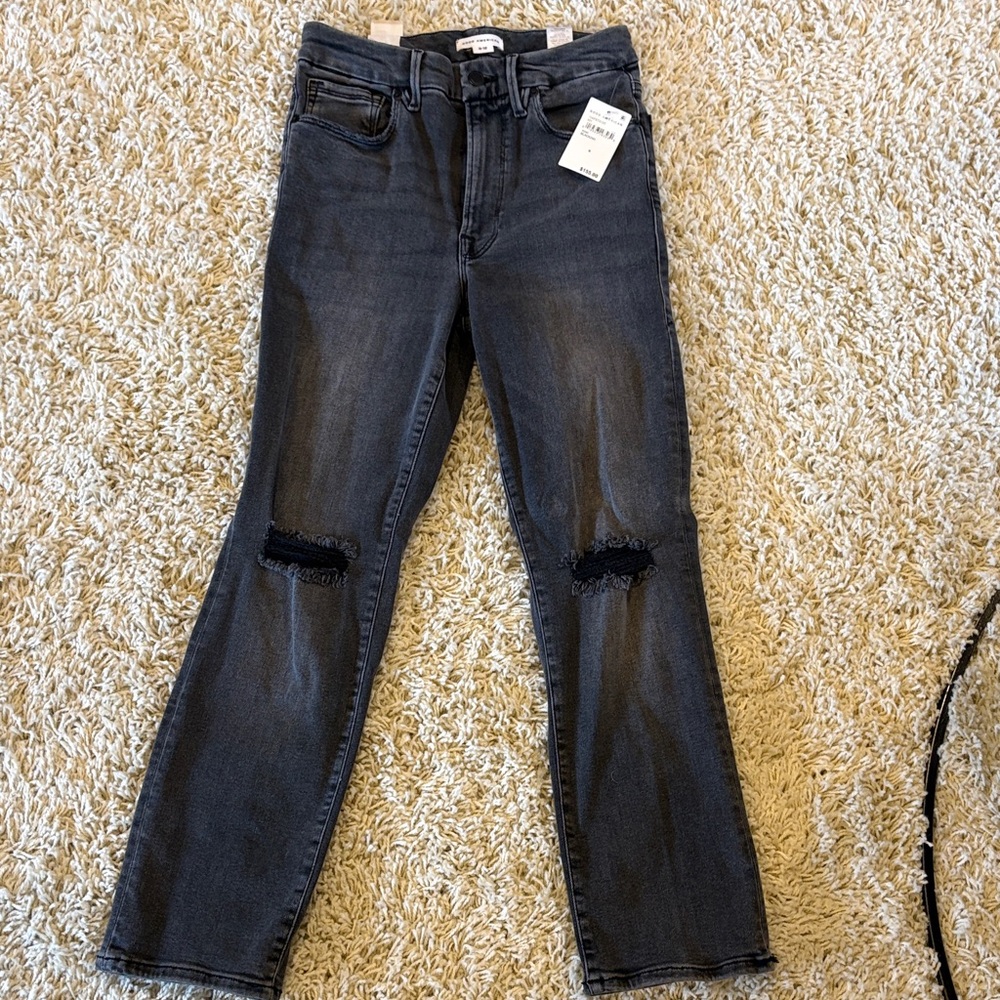 Good American Black Straight-Leg Ripped Knee Jeans